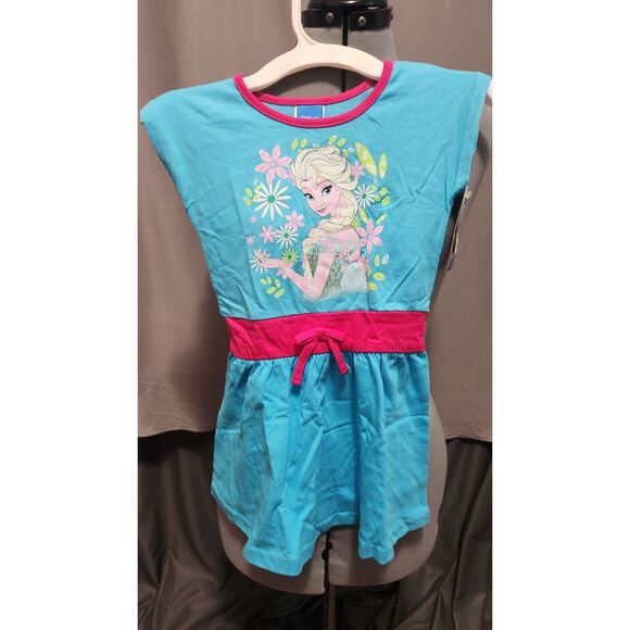 Disney Other - Disney Frozen Elsa Girls Dress 4T Blue Pink Floral Cap Sleeve Elastic Waist Bow